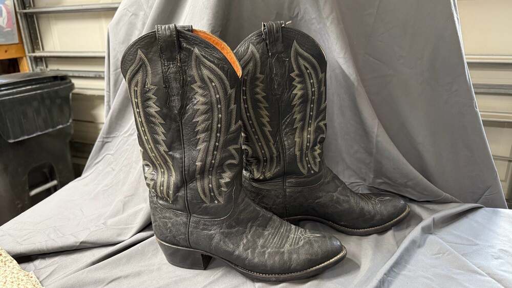 Lucchese Black Cherry Leather Western Cowboy Boots with Ornamental Stitching